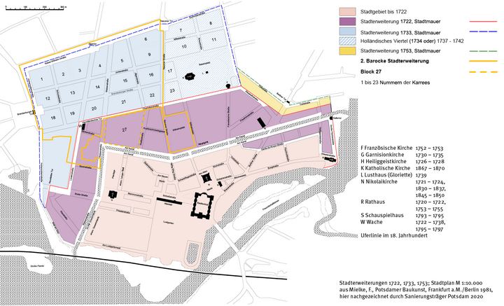 Farbig markierte Übersichtskarte der Stadterweiterungen