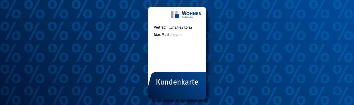 Blauer Hintergrund mit Muster aus Prozentzeichen auf dem eine beispielhafte Kundenkarte abgebildet ist