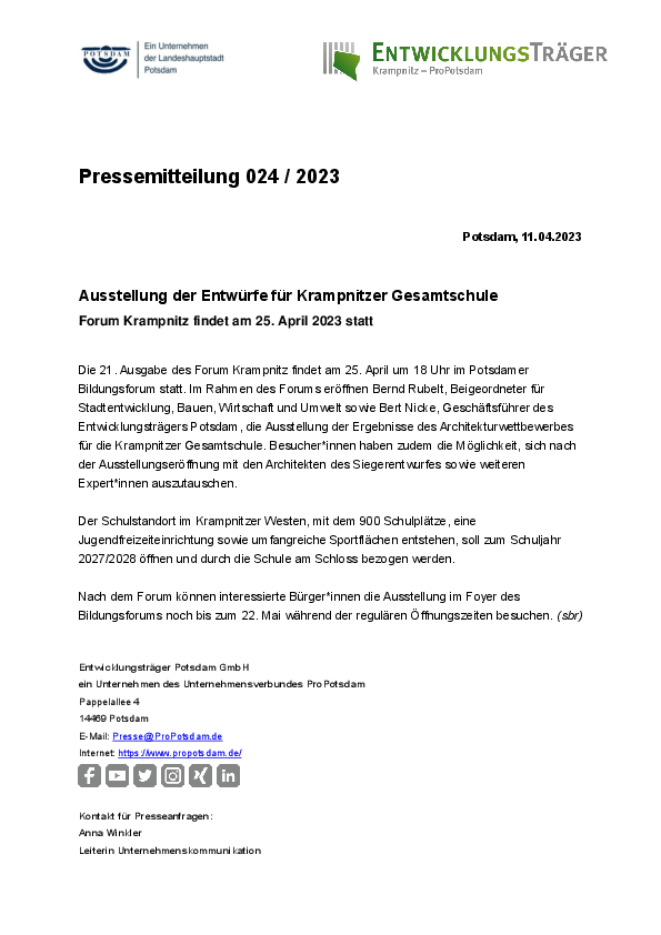024/2023 Entwicklungsträger Potsdam Pressemitteilung