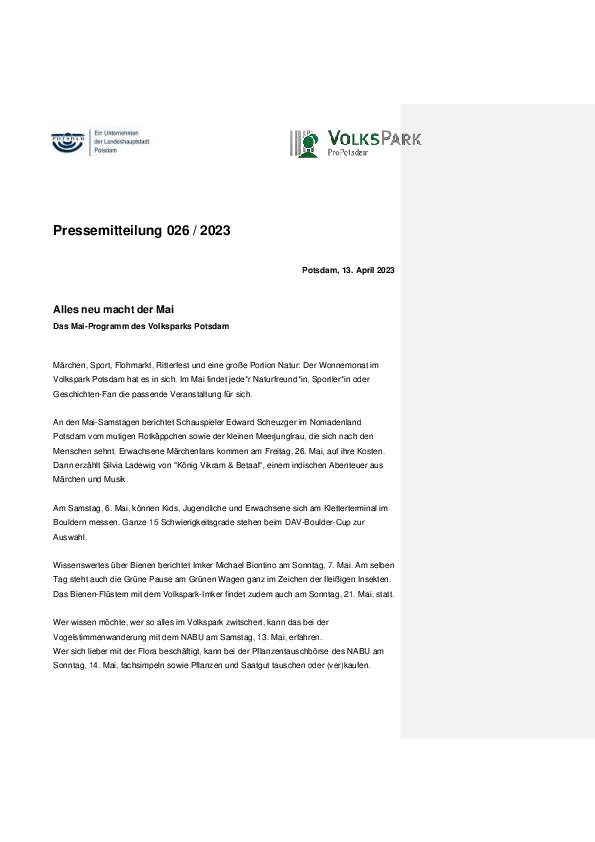 026/2023 Volkspark Potsdam Pressemitteilung