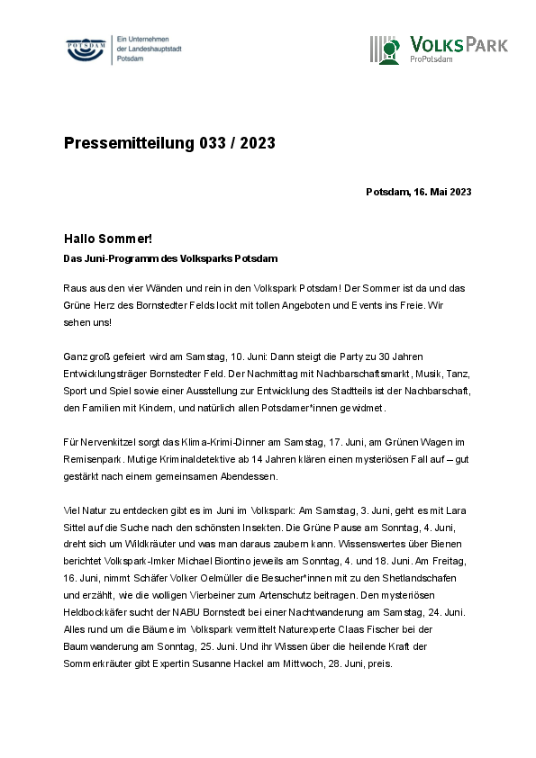 033/2023 Volkspark Potsdam Pressemitteilung
